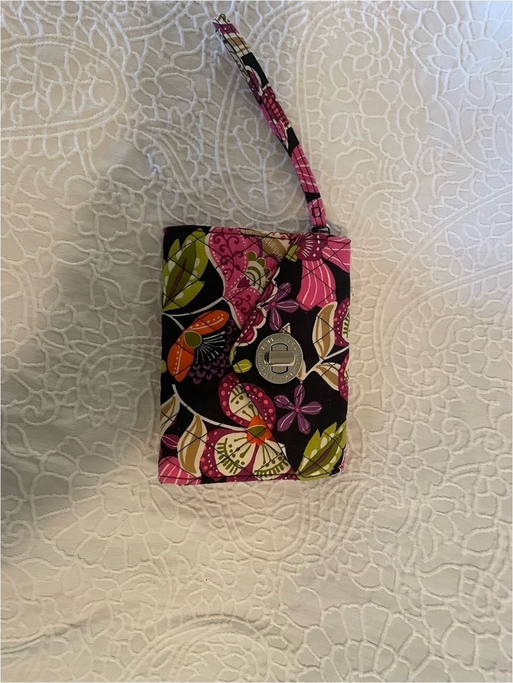Vera Bradley Pink and Black Floral Wristlet with Green Accents
